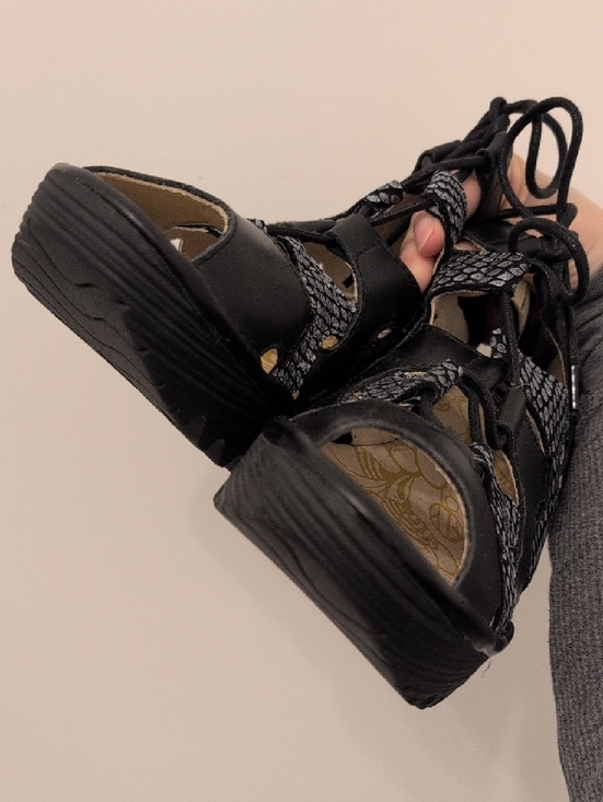 FLY London Yexa Black Leather Lace-Up Cutout Platform Wedge Sandals Size 39